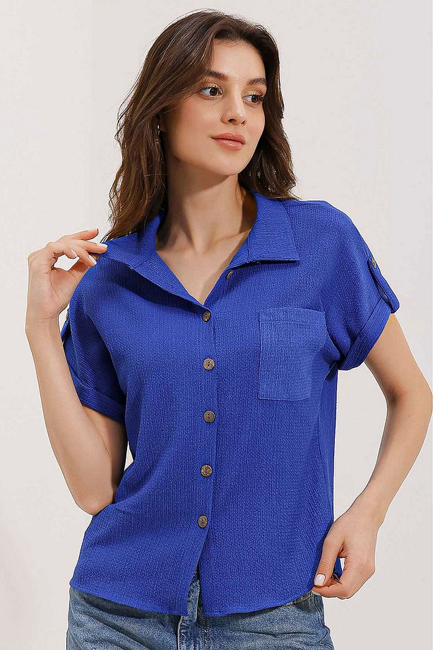 20187 Kısa Kol Oversize Örme Gömlek - Saks - 3