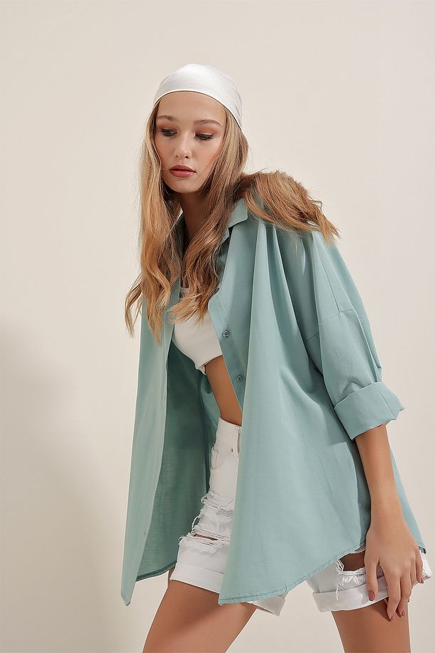 3900 Oversize Uzun Basic Gömlek - Su Yeşili - 6