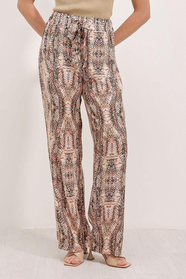 6523 Desenli Bol Paça Pantolon - Krem - 1