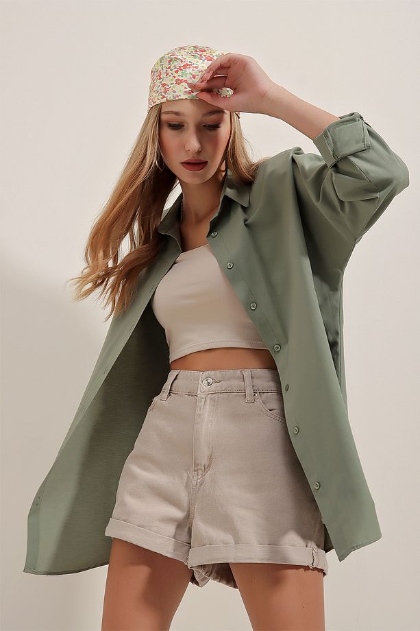 3900 Oversize Uzun Basic Gömlek - Haki - 4