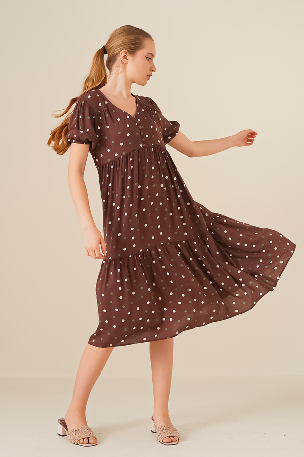 1976 V-Neck Patterned Dress - Brown
