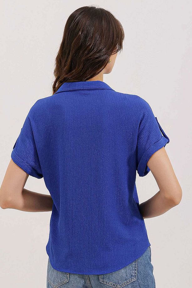 20187 Kısa Kol Oversize Örme Gömlek - Saks - 5