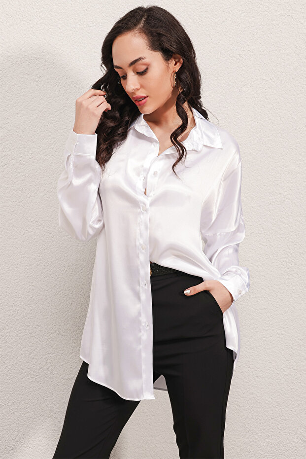 3985 Oversize-Satinhemd – Weiß - 3