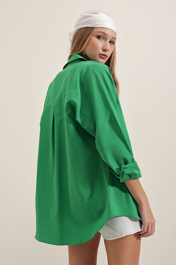 3900 Oversize Uzun Basic Gömlek - Yeşil - 7