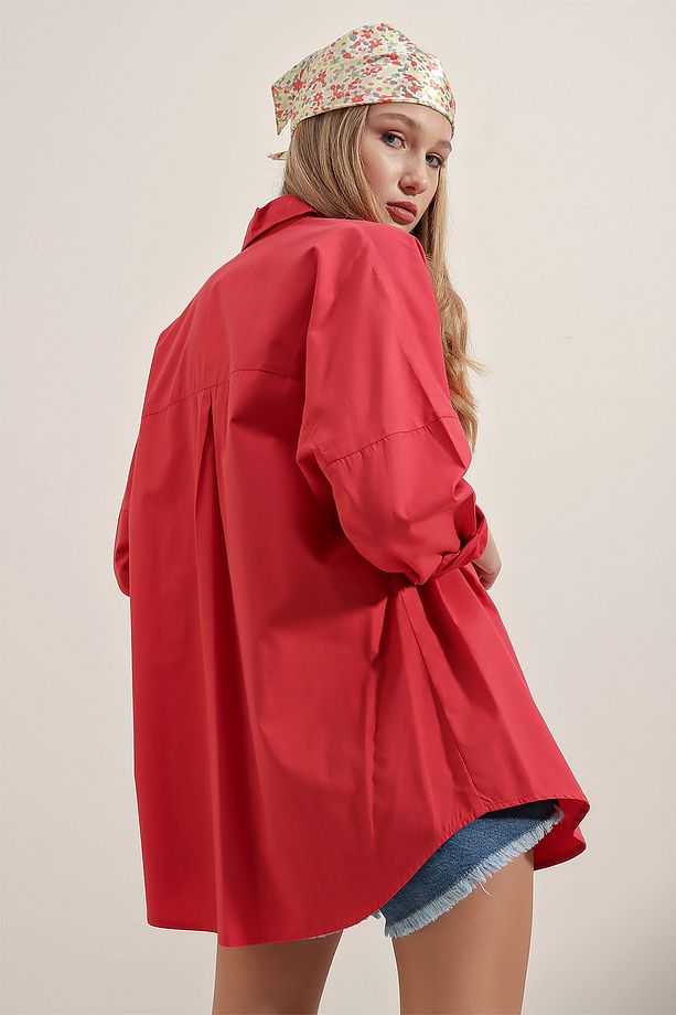 3900 Oversize Uzun Basic Gömlek - Kırmızı - 8