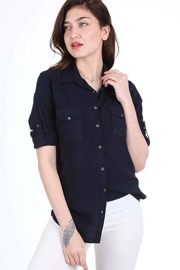 3428 Shirt with Double Flap Pockets - Navy Blue