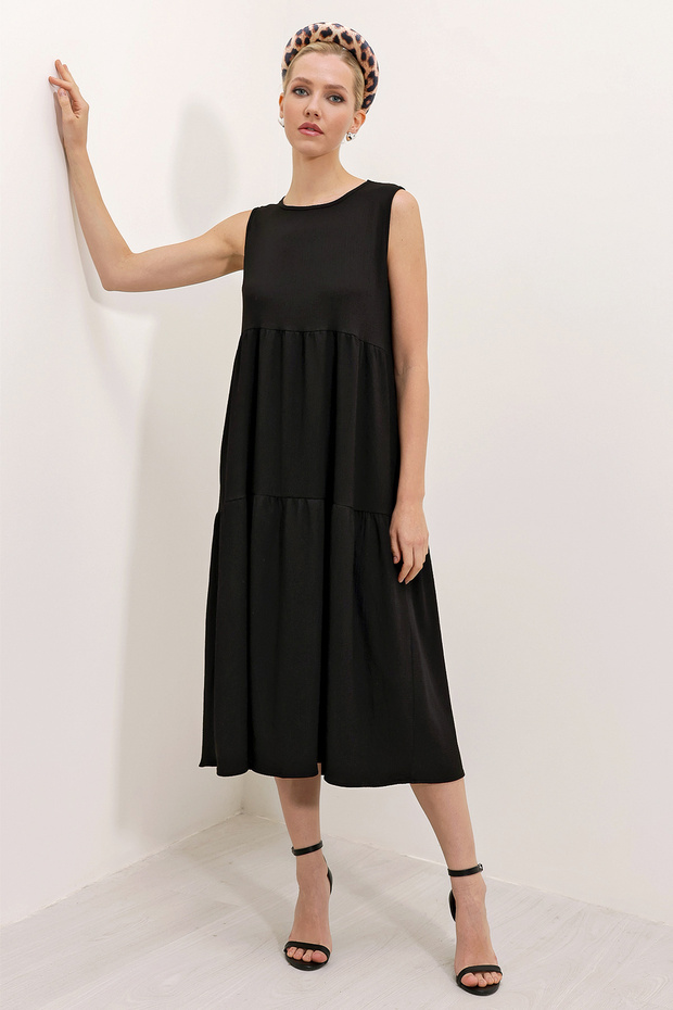 2448 Sıfır Kol Uzun Örme Elbise - Siyah - 2