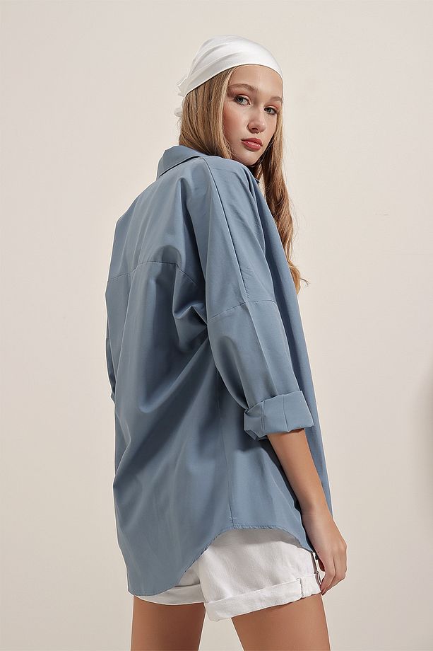 3900 Oversize Uzun Basic Gömlek - I?ndigo - 8