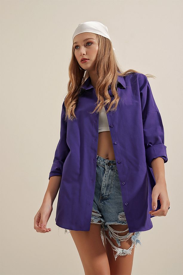 3900 Oversize Uzun Basic Gömlek - Mor - 4