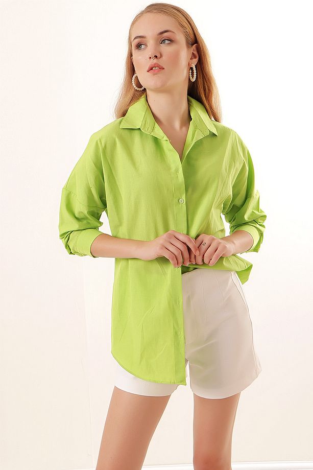 3900 Oversize Uzun Basic Gömlek - Çağla - 3