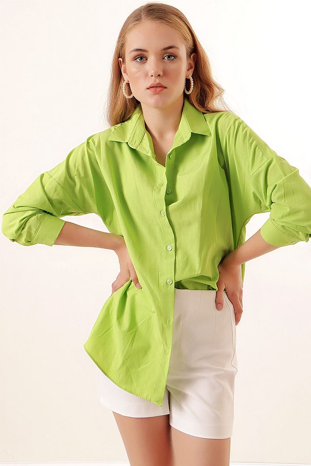 3900 Oversize Uzun Basic Gömlek - Çağla - 4