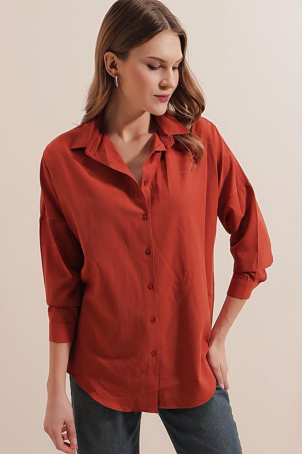 3900 Oversize Uzun Basic Gömlek - Kiremit - 1