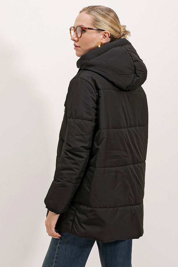 Kapüşonlu Oversize Şişme Mont - Siyah - 4