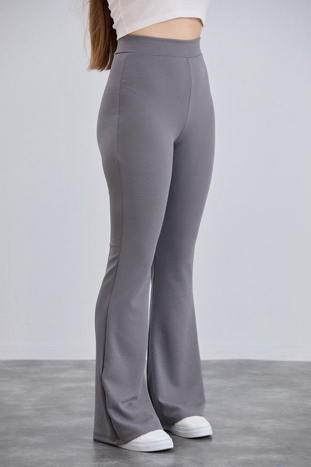 Women's Gray Crepe Spanish Leg Elastic Waist High Waist Lycra Recovery Leggings Trousers
