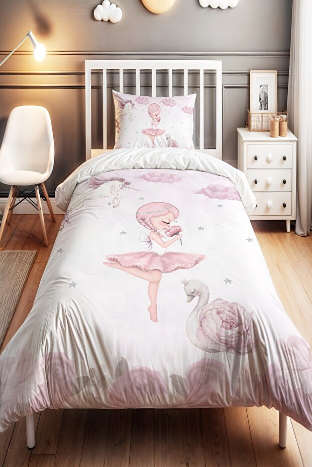 Silver Crowned Ballerina Patterned Single Baby Kids Bedding Set
