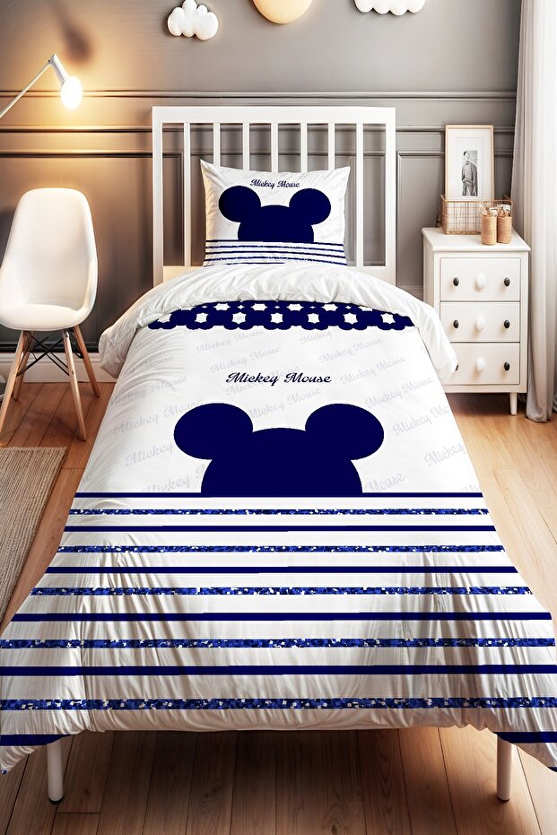 Blue Mickey Mouse Patterned Single Baby Kids Bedding Set