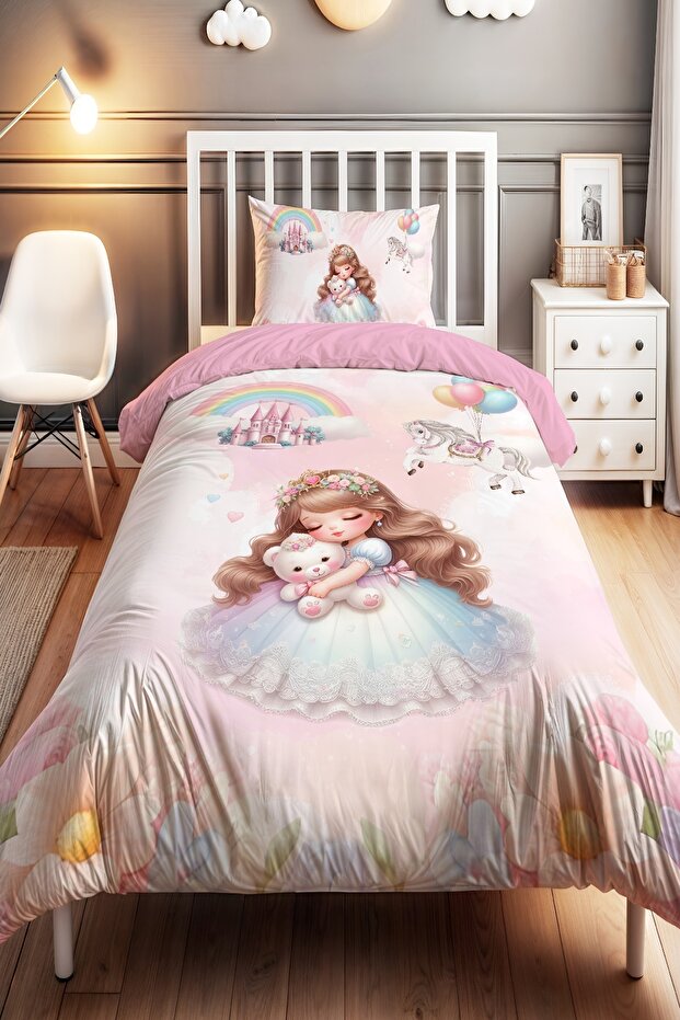 Princess Patterned Single Baby Kids Bedding Set with Teddy Bear