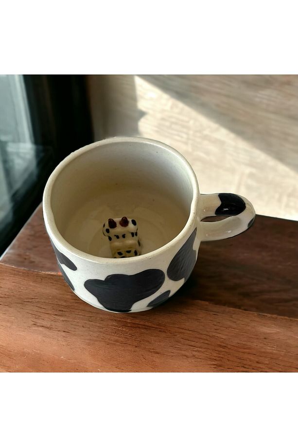 El Yapımı İnek Desenli ve İnek Figürlü Seramik Stoneware Çay Kahve Bardak Kupa Fincan - 3