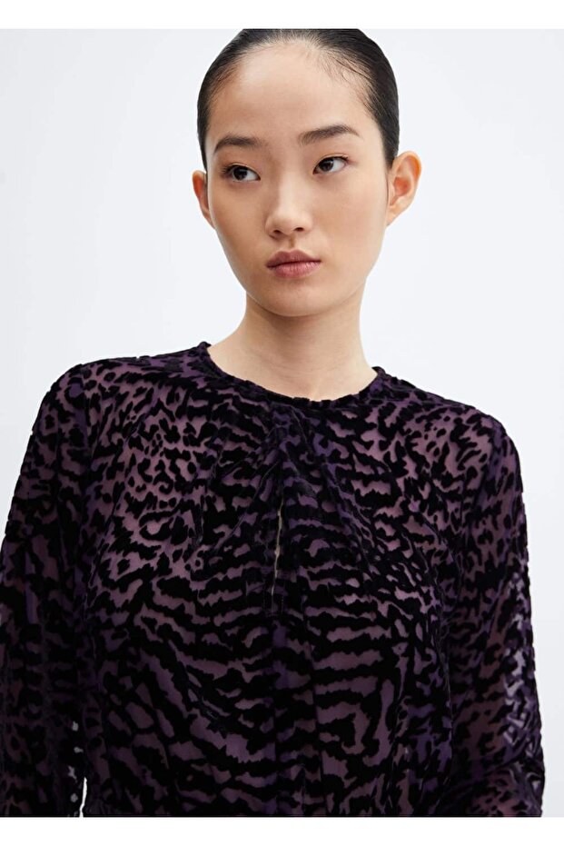 Hayvan Desenli Kadife Elbise - 7