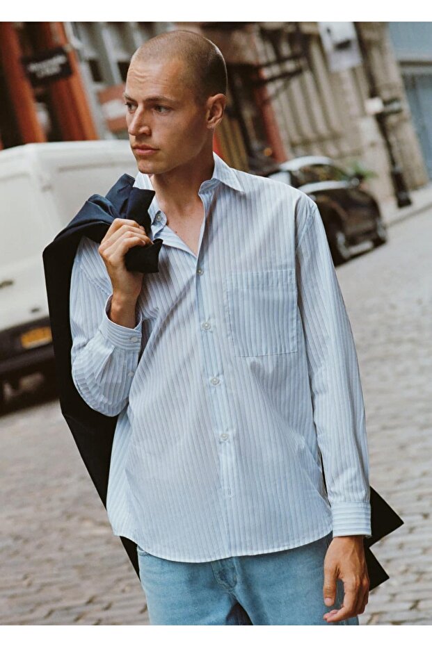 Çizgili pamuklu oversize gömlek - 8