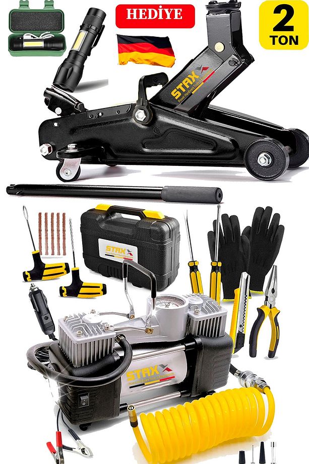 Alman 2Ton Timsah Tekerlekli Kriko + 150Psı Çift Piston Çakmaklı Hava Lastik Kompresör Seti - 1