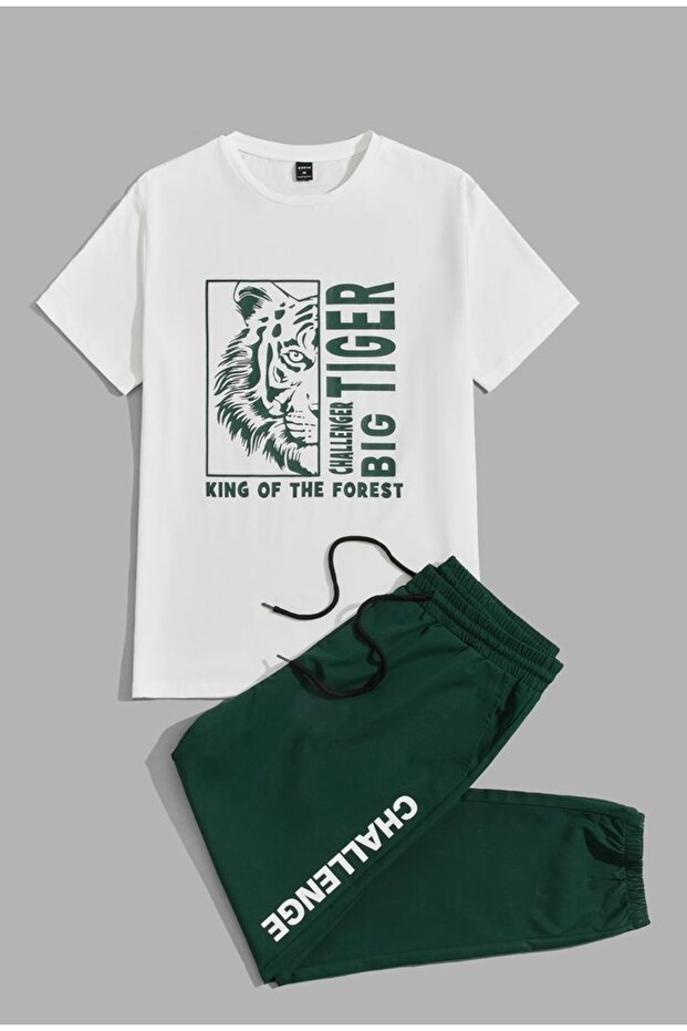 Unisex White Printed T-Shirt - Green Jogger - Summer