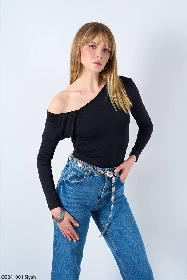 Women's Black One Shoulder Gather Detailed Long Sleeve Blouse