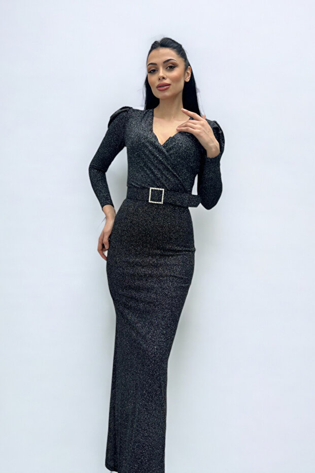 Double Breasted Collar Belt Detailed Dress - Silver