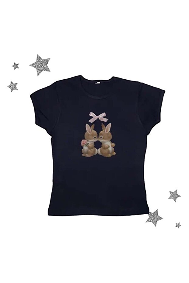 Cute Rabbit Baskılı Crop Bluz - 1