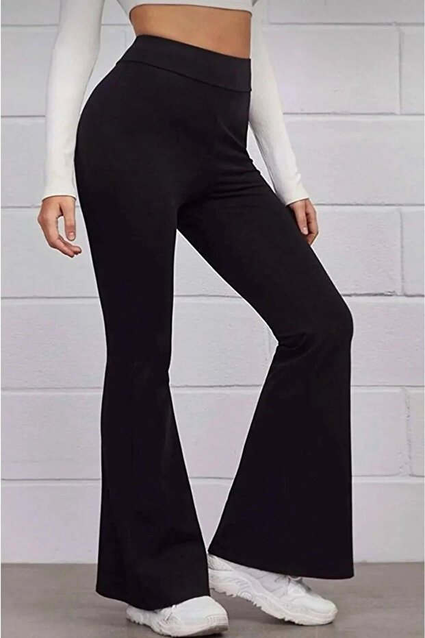 Női fekete, kiszélesedő szárú leggings, lycra magas derekú nadrág - 3