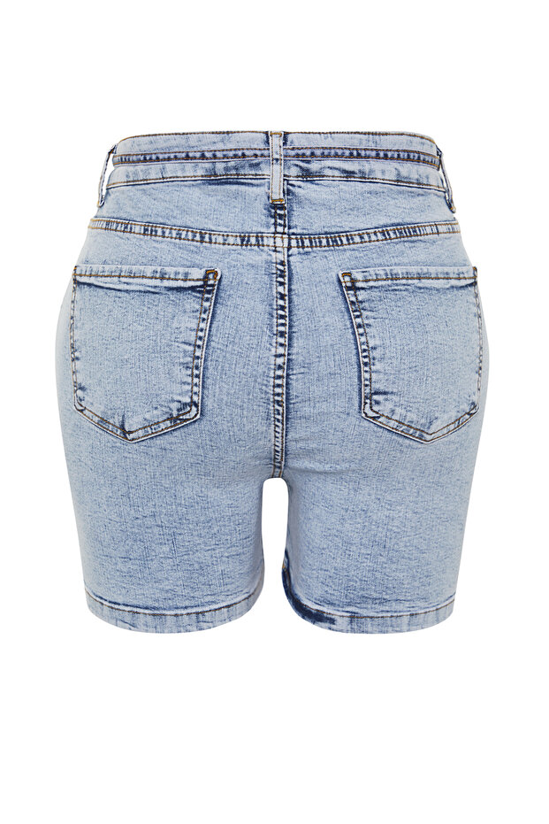 Açık Mavi Yüksek Bel Comofrt/Orta Esnek Straight Fit Büyük Beden Denim Şort TBBSS24AP00030 - 8