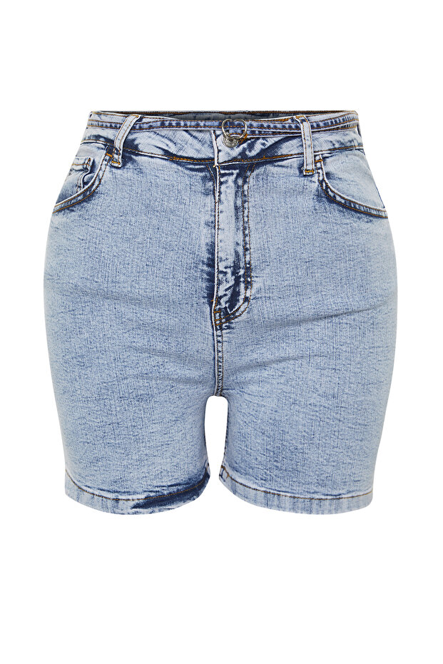 Açık Mavi Yüksek Bel Comofrt/Orta Esnek Straight Fit Büyük Beden Denim Şort TBBSS24AP00030 - 7