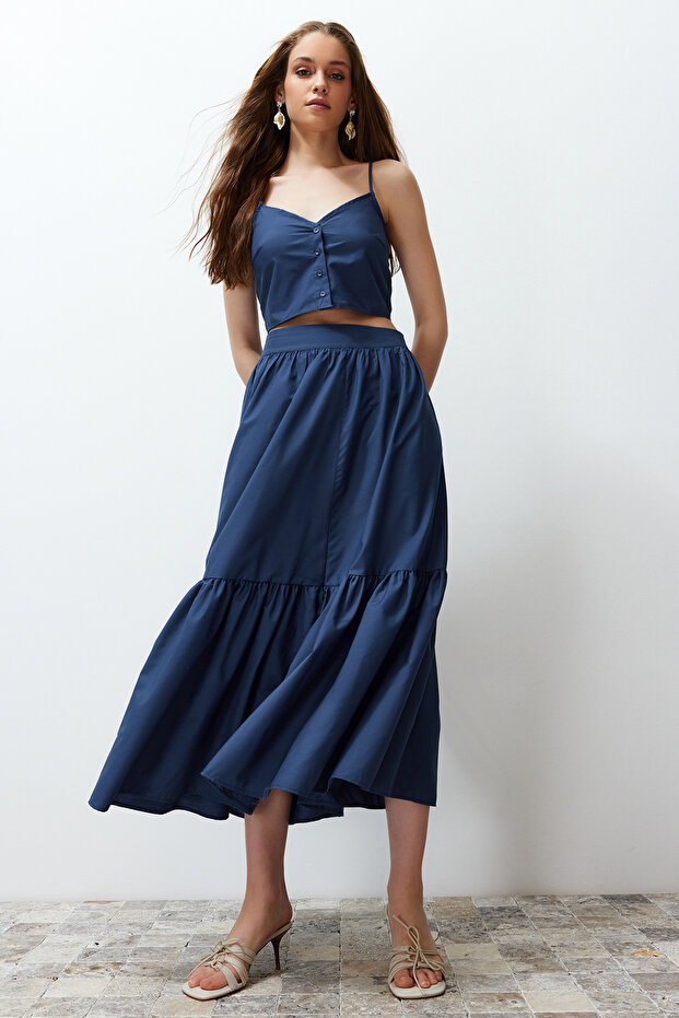 Indigo Kloş Pamuklu Maxi Boy Dokuma Etek TWOSS24ET00059 - 2
