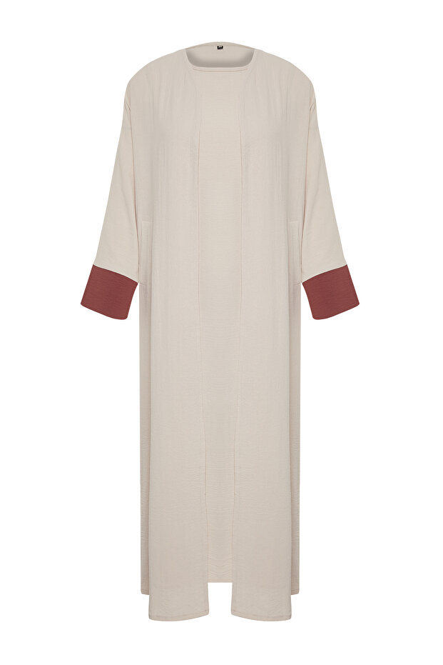 Taş Renk Bloklu Aerobin Ferace/Abaya & Elbise 2'li Dokuma Takım TCTSS24US00033 - 7