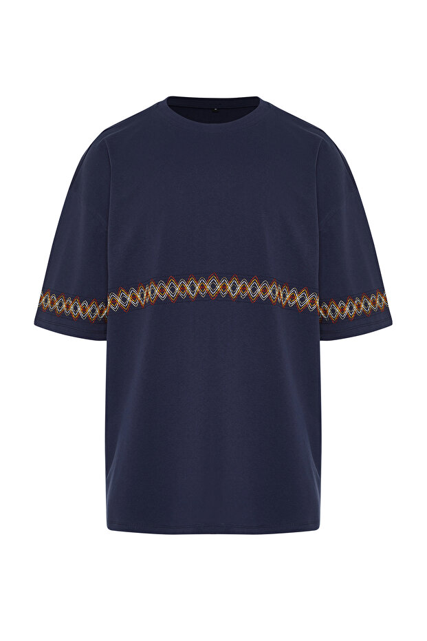 Lacivert Oversize/Geniş Kesim İşlemeli %100 Pamuk T-Shirt TMNSS21TS1889 - 7