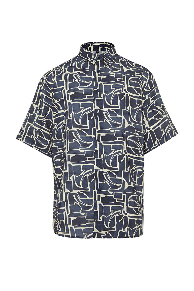 Lacivert More Sustainable Oversize Fit %100 Viskon Desenli Kısa Kollu Salaş Gömlek TMNSS24GO00051 - 7