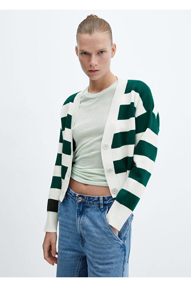 Gestreifte Strickjacke mit V-Ausschnitt - 1