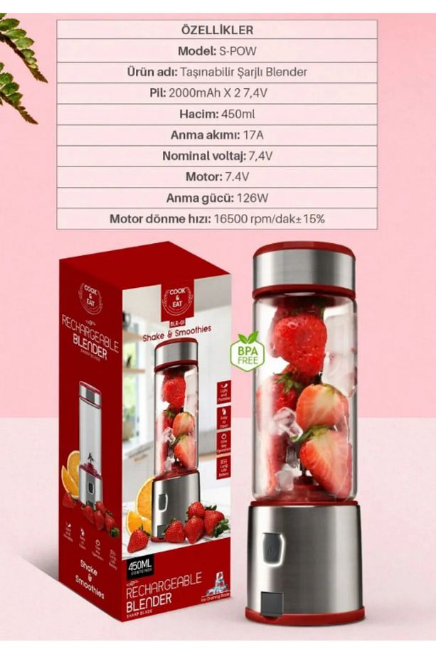 450 ml Taşınabilir Şarj Edilebilir Kişişel Blender Shake Smoothie Blender Keskin Bıçaklı Buz Kırıcı - 5