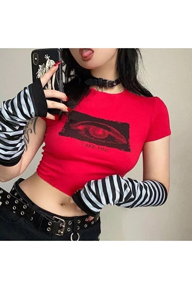 Y2k Red - I See You Printed Crop Blouse - 1