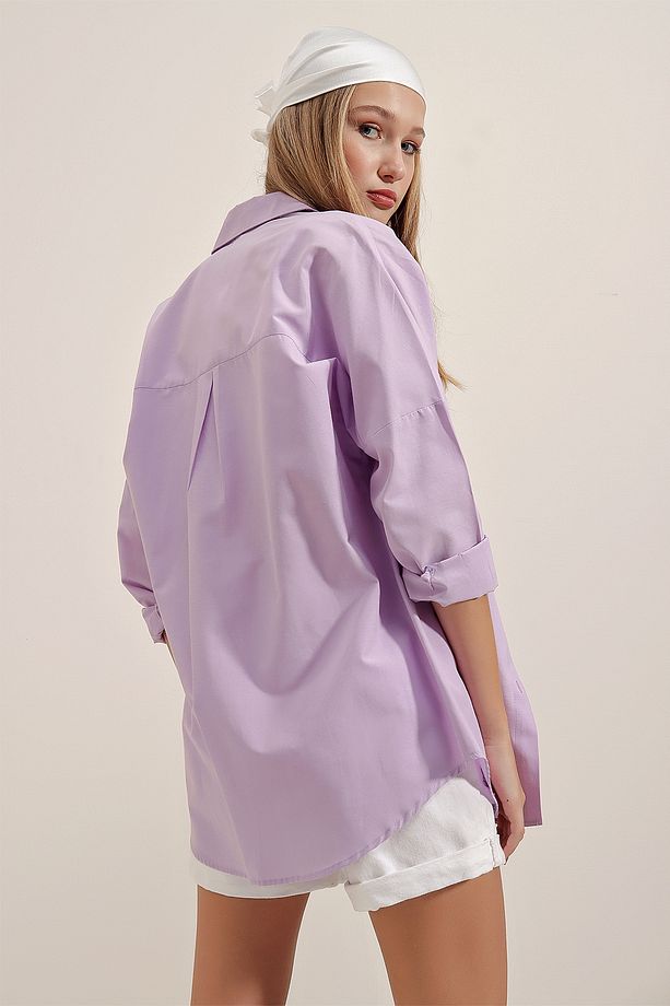 3900 Oversize Uzun Basic Gömlek - Lila - 7