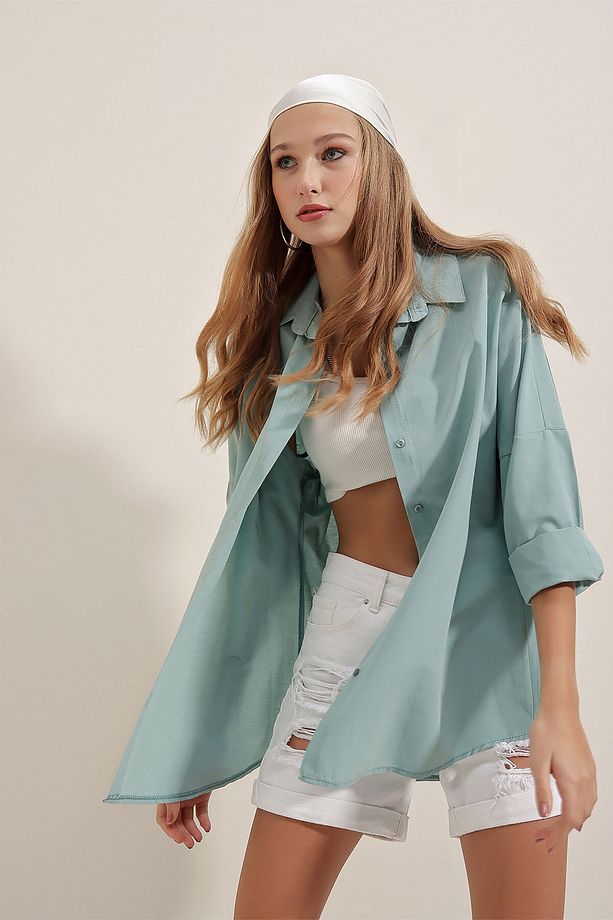 3900 Oversize Uzun Basic Gömlek - Su Yeşili - 3