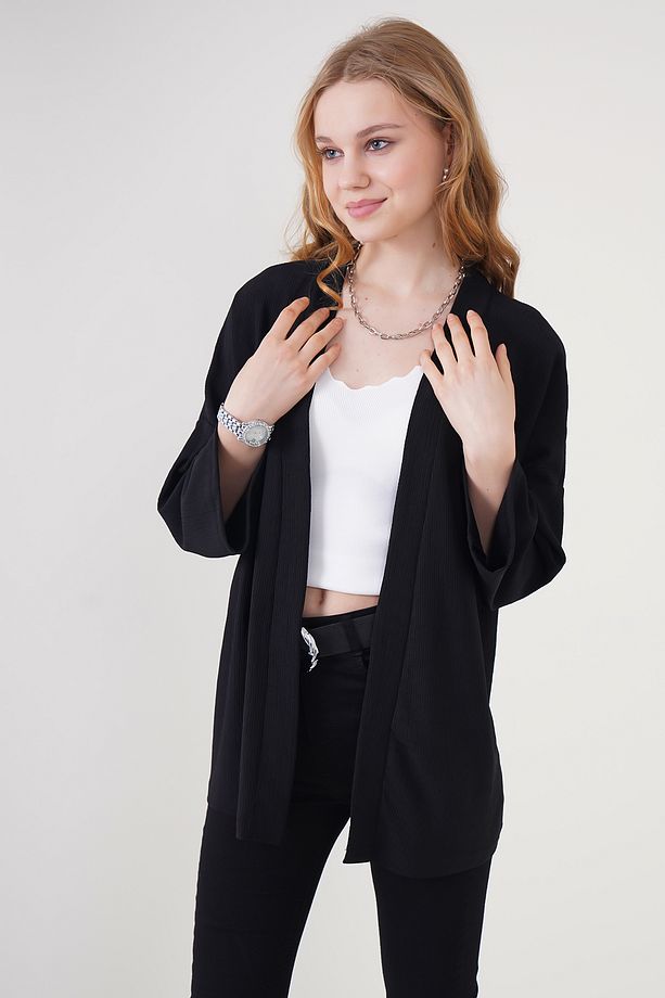 5862 Örme Kimono - Siyah - 3
