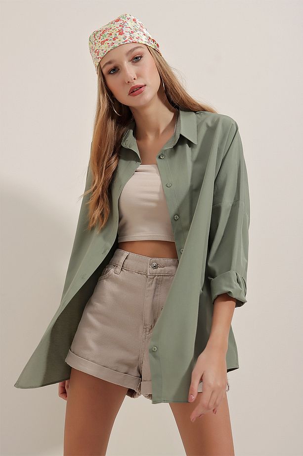 3900 Oversize Uzun Basic Gömlek - Haki - 6