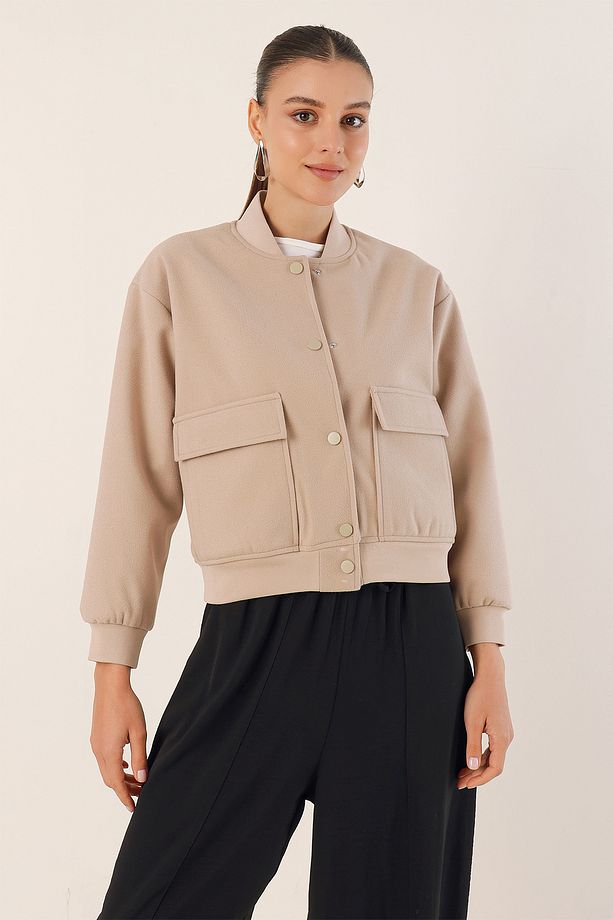 0688 Çift Cepli Bomber Ceket - Bej - 4