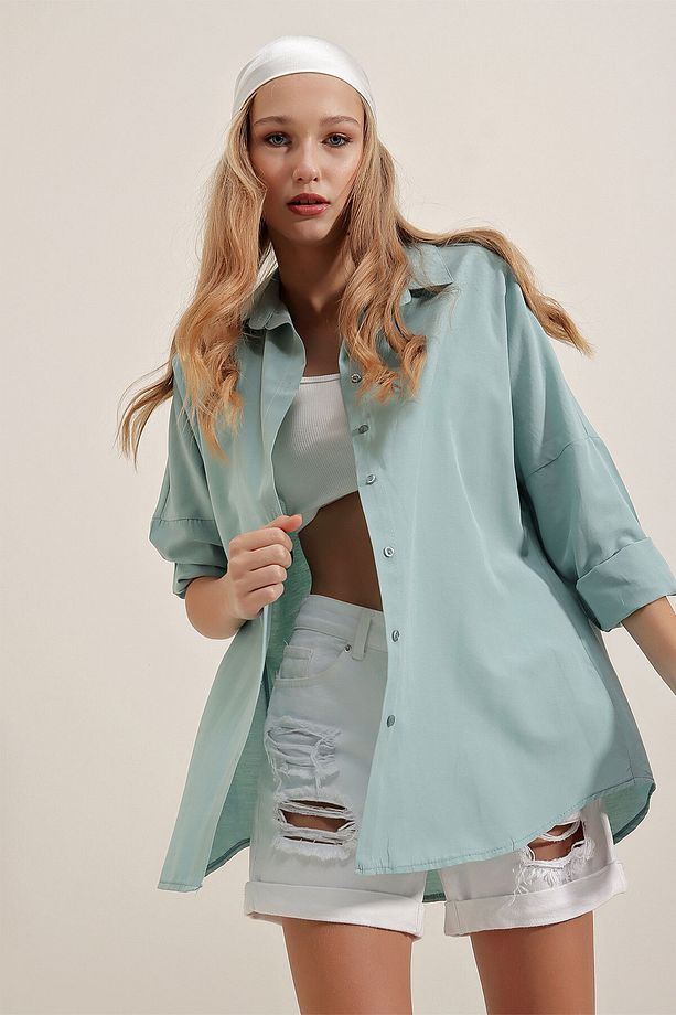 3900 Oversize Uzun Basic Gömlek - Su Yeşili - 2