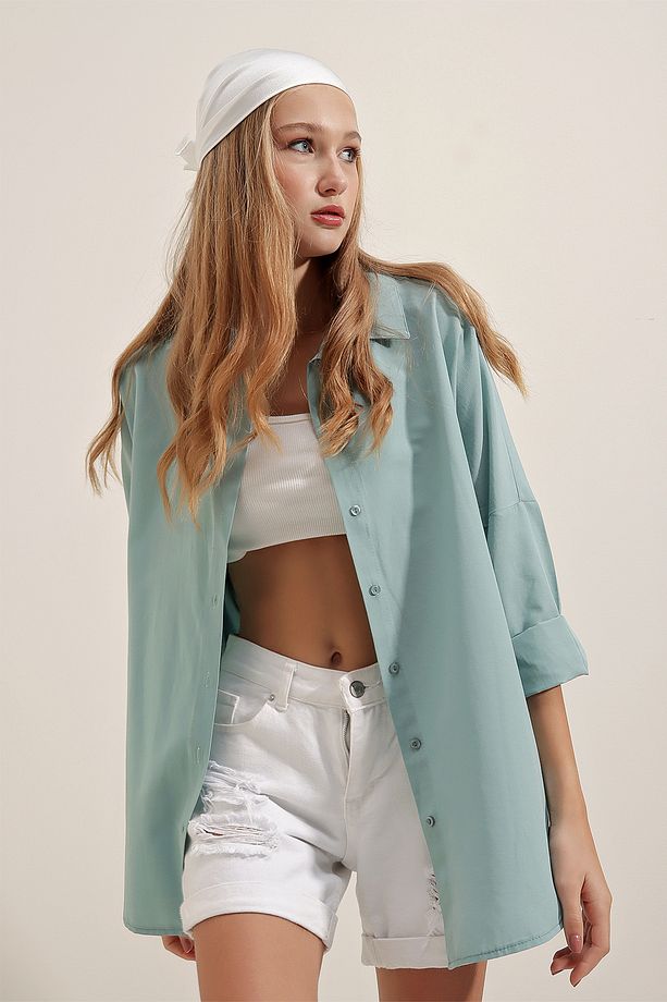 3900 Oversize Uzun Basic Gömlek - Su Yeşili - 4