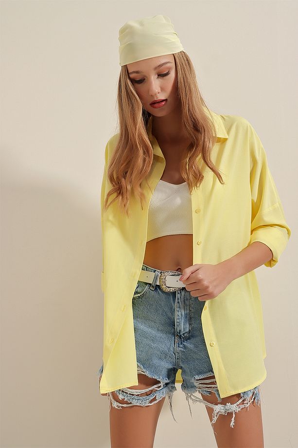 3900 Oversize Uzun Basic Gömlek - Sarı - 5