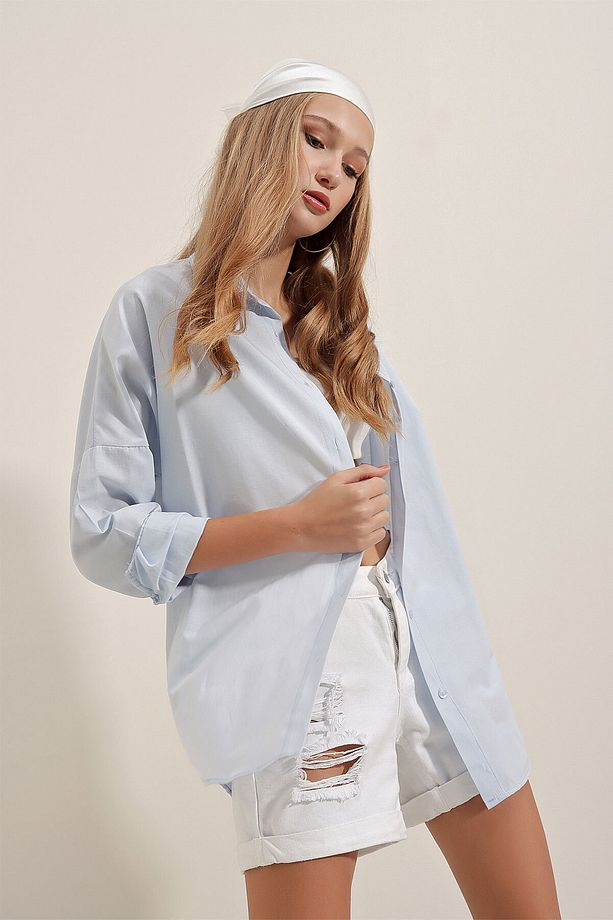 3900 Oversize Uzun Basic Gömlek - Açık Mavi - 3
