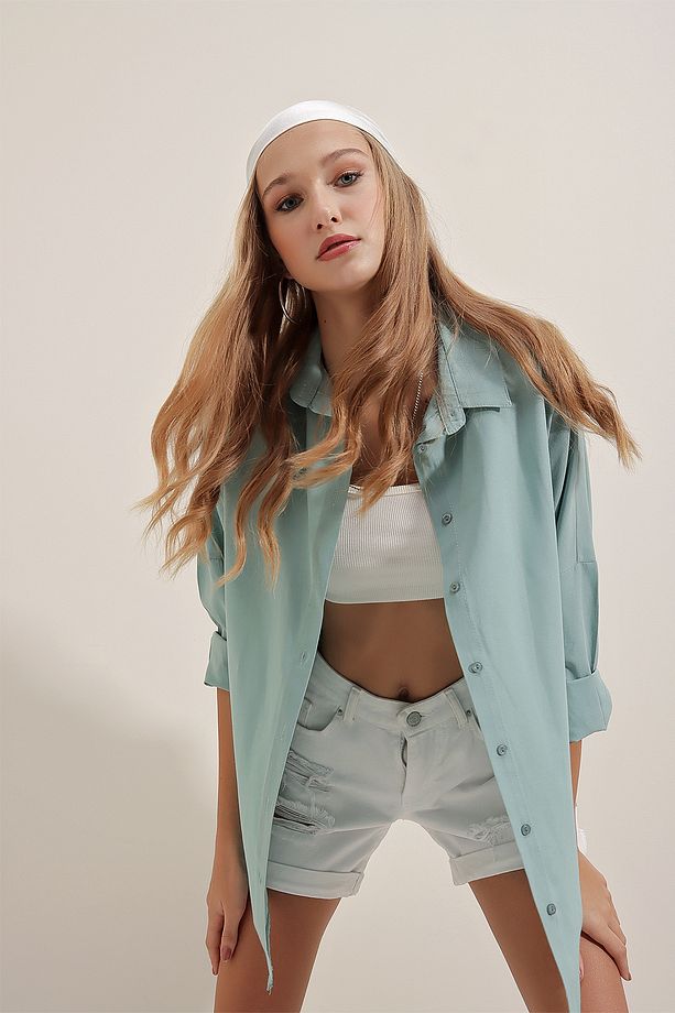 3900 Oversize Uzun Basic Gömlek - Su Yeşili - 5