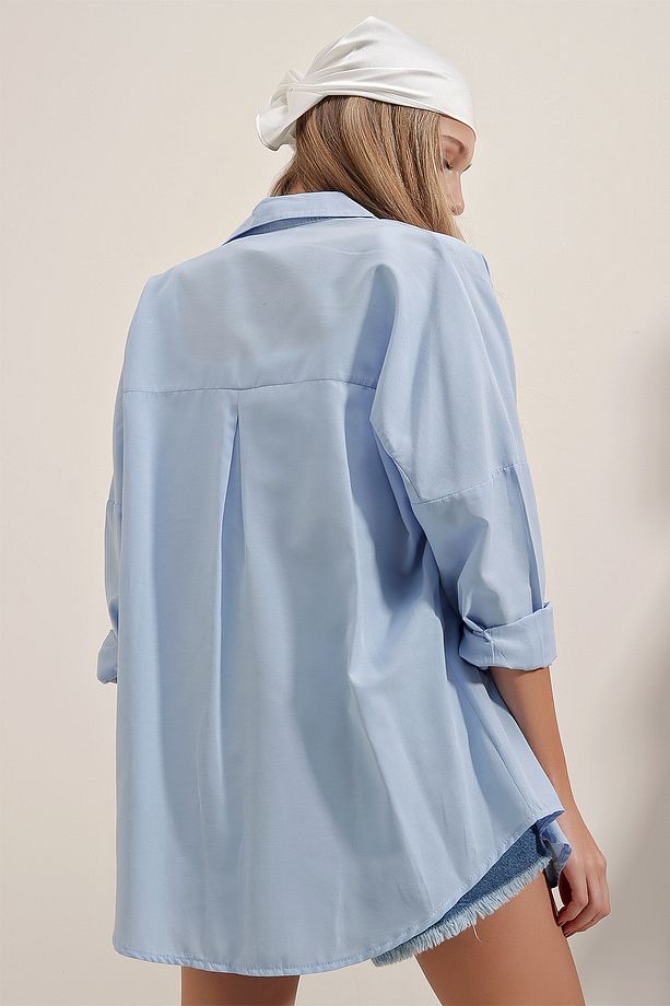 3900 Oversize Uzun Basic Gömlek - Mavi - 8